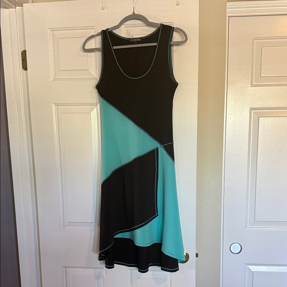 Sleeveless Teal and Black A-Line Colorblock Dress